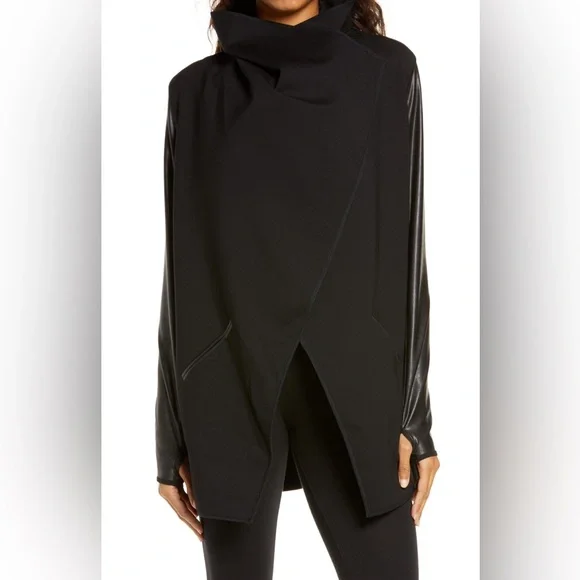 SPANX Black Faux Leather Drape Front Convertible Ponte Jacket SZ S